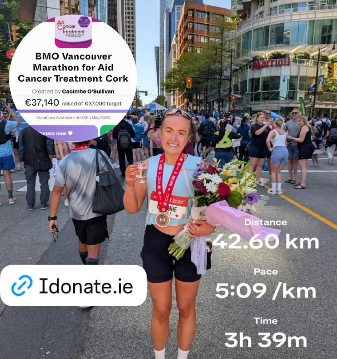 Caoimhe O’Sullivan after completing the Vancouver Marathon in support of Aid Cancer Treatment